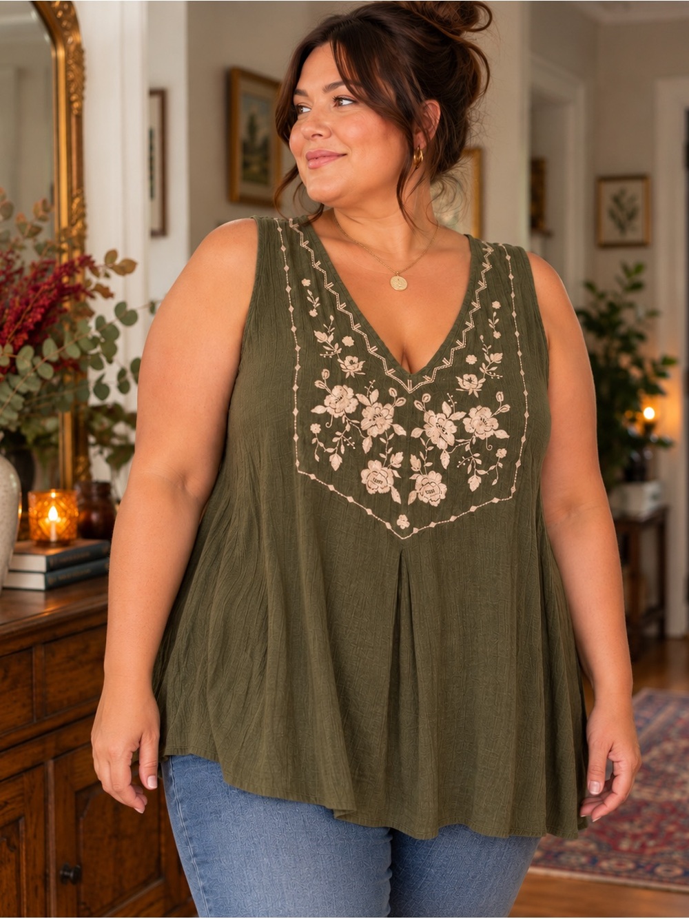 Mandee Olive Green Embroidered Floral Boho Tunic Tank Top Pockets Oversized